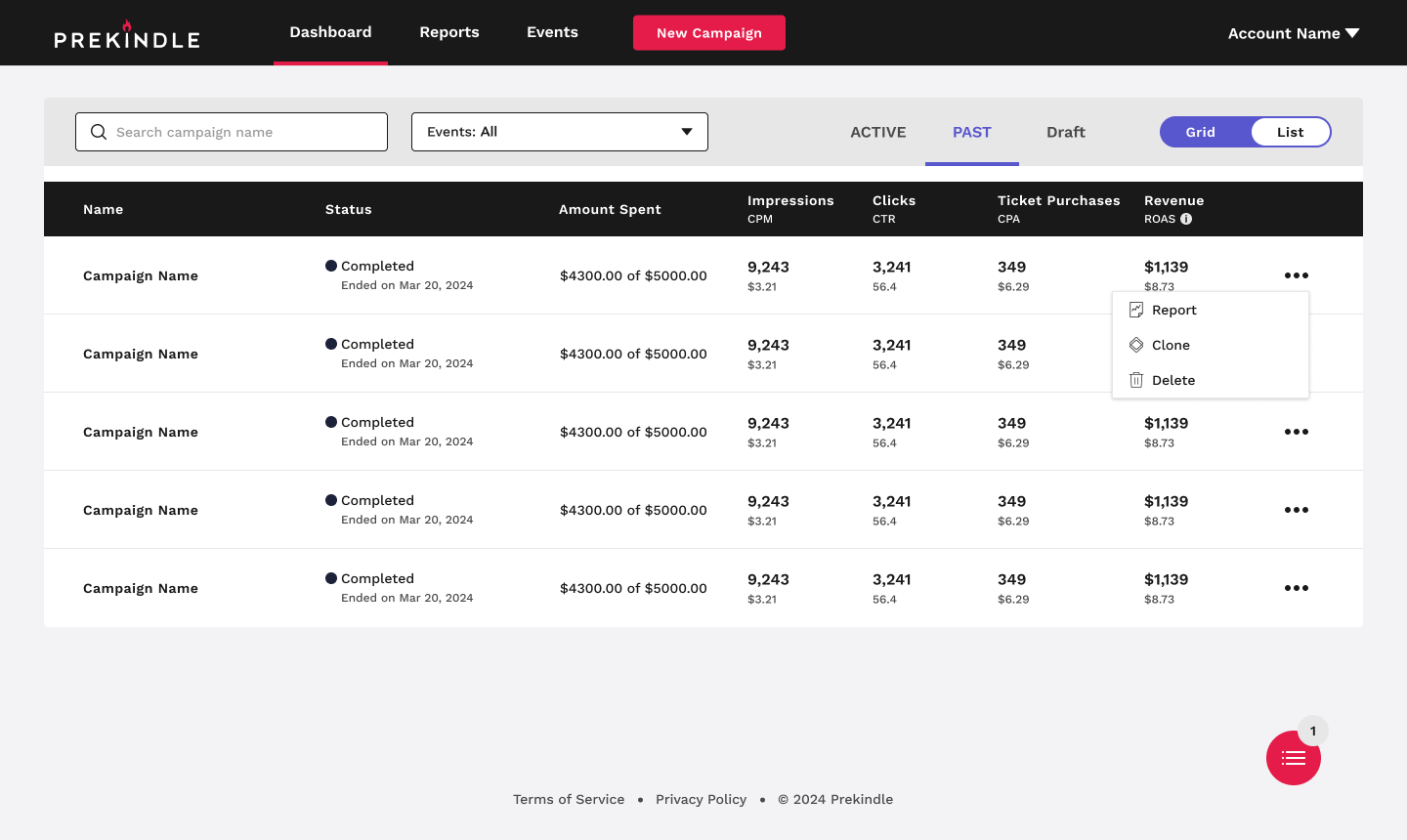 Campaigns Dashboard Prekindle Spark